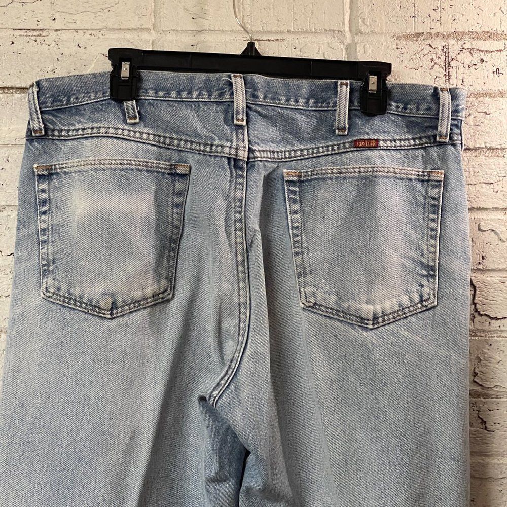 VINTAGE RUSTLER DISTRESSED FADED LIGHT BLUE DENIM JEANS 38x32 - Picture 6 of 11